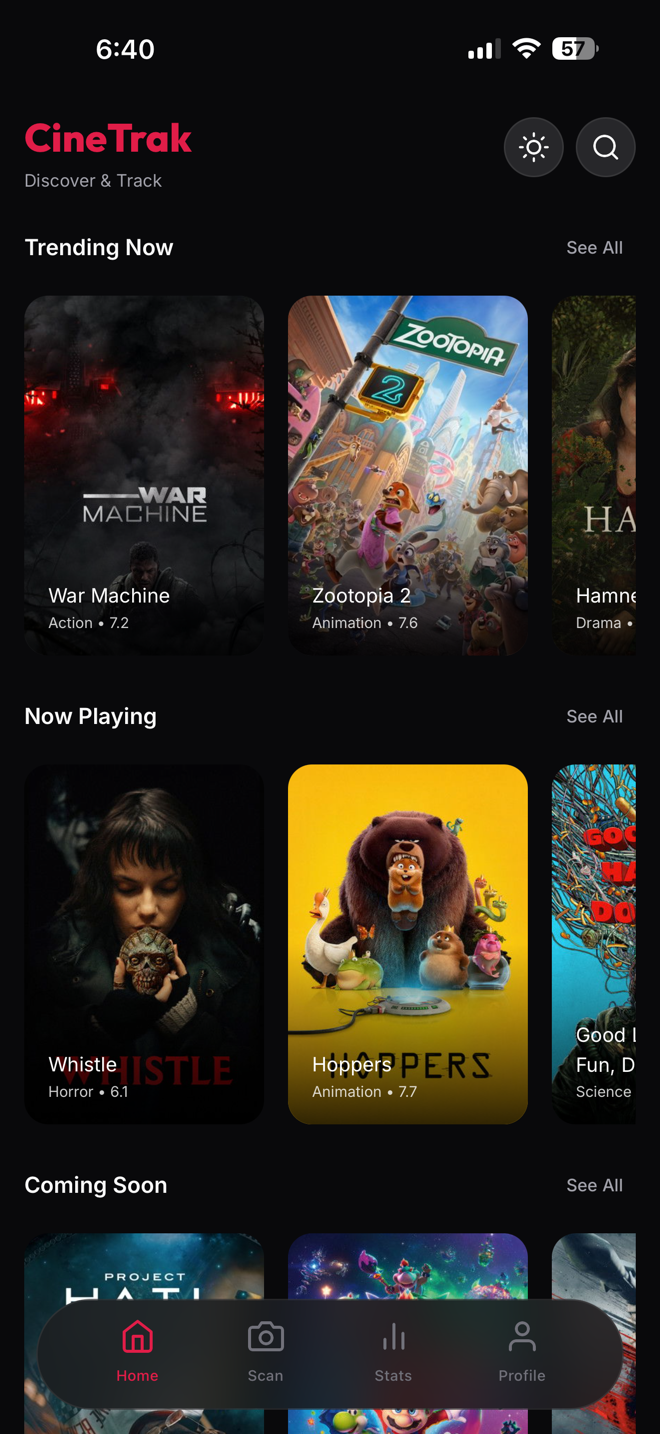 CineTrak home screen showing trending and now playing movies