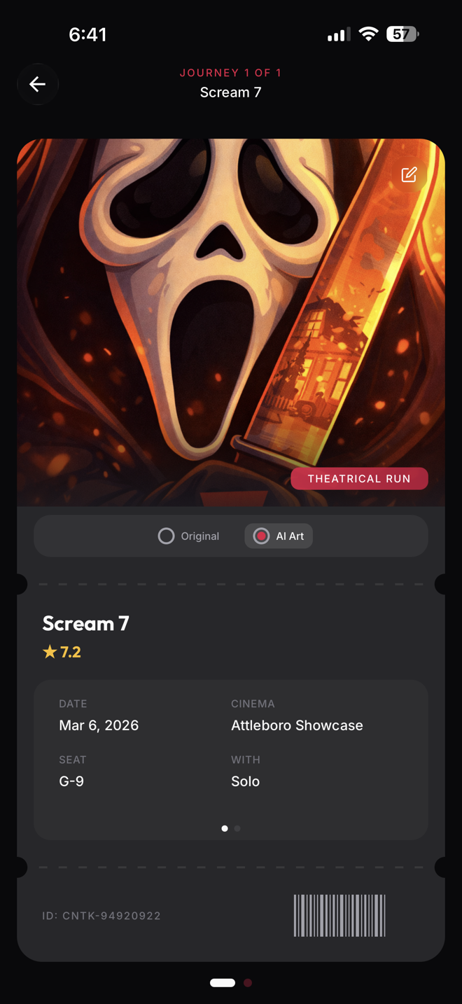 Journey card for Scream 7 showing AI-generated art, viewing date, cinema, and seat