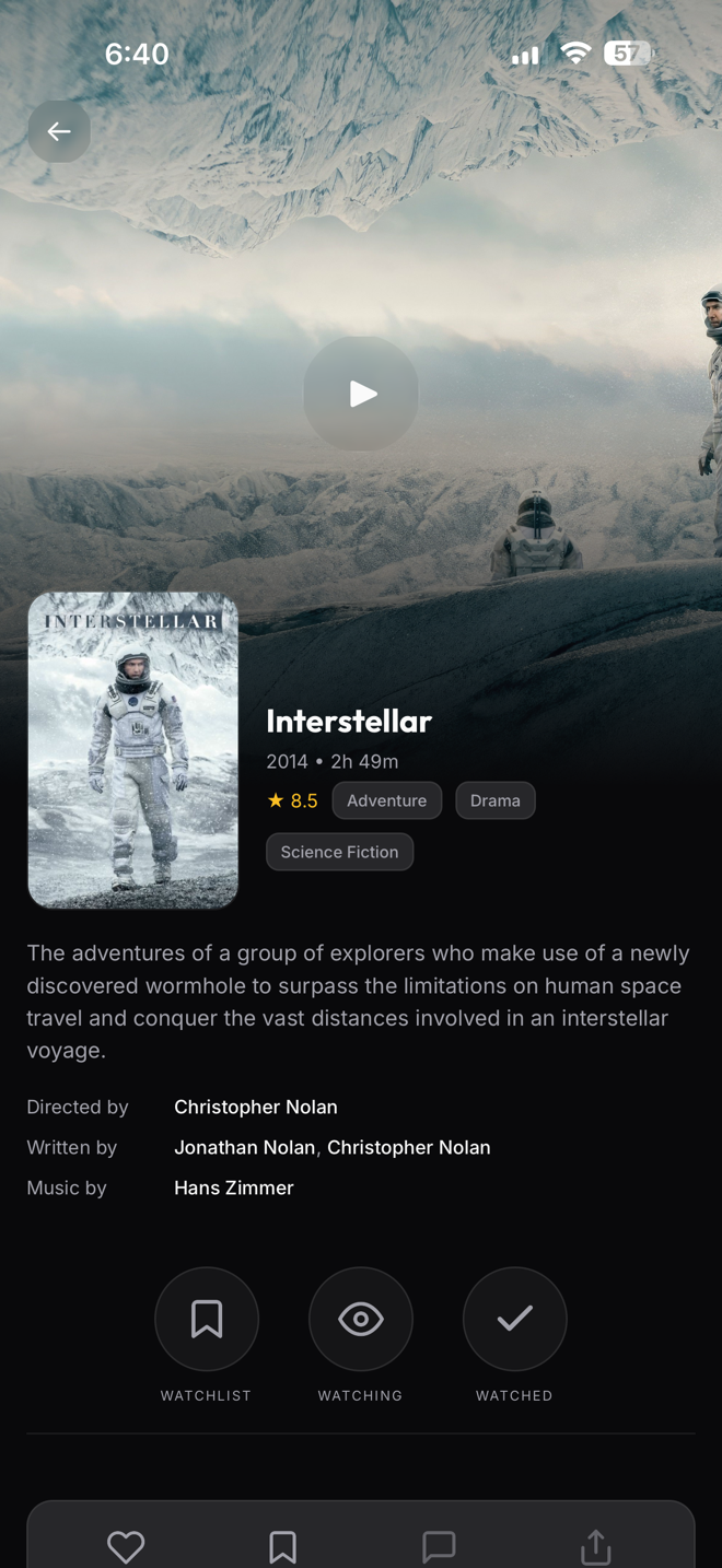 Movie detail page for Interstellar showing ratings, trailer, cast, and tracking buttons